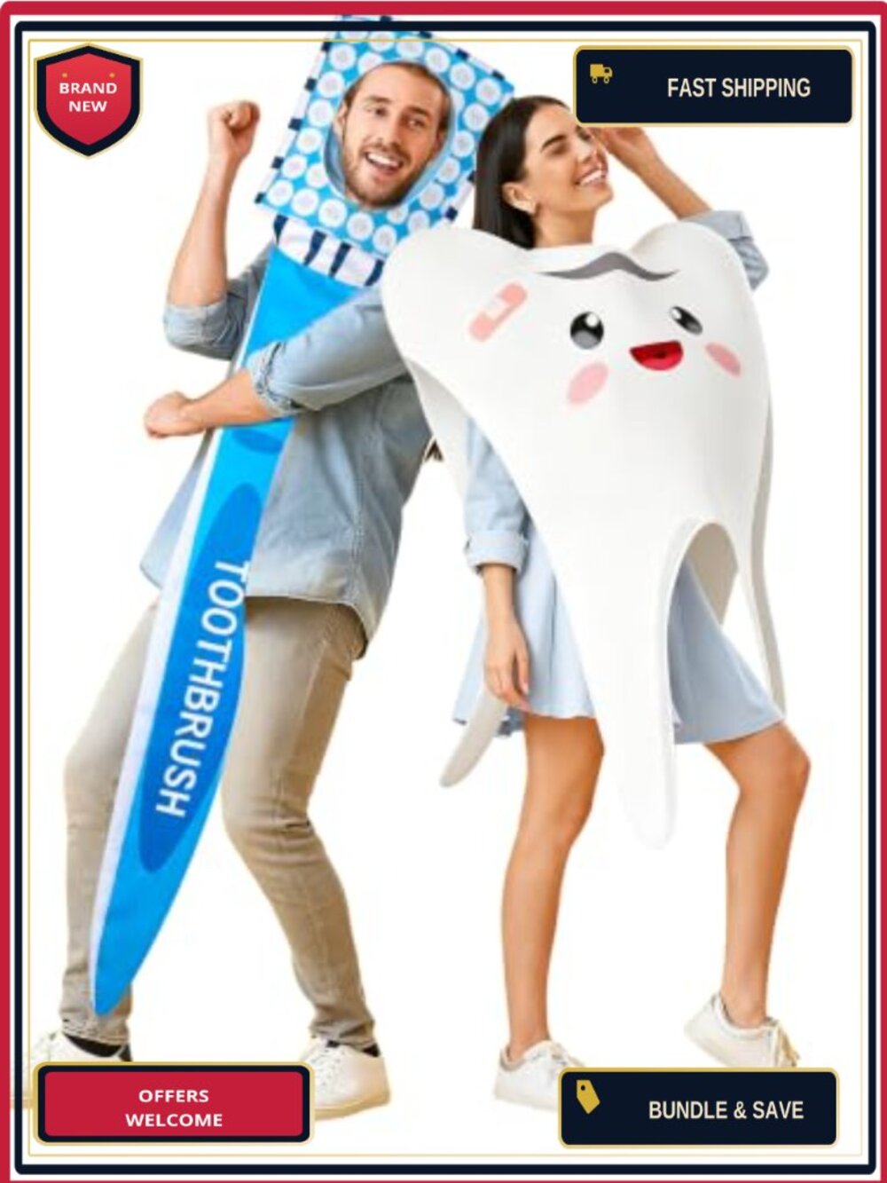 2 Pc Adult Toothbrush & Tooth Costume Set Polyester Halloween Cosplay Duo